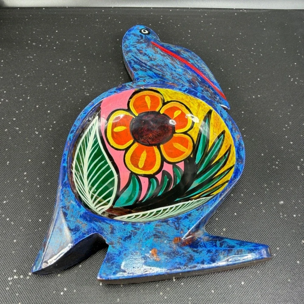 Vintage Hand Painted Wooden Pelican Bowl Floral Folk‎ Art Blue Decorative Dish